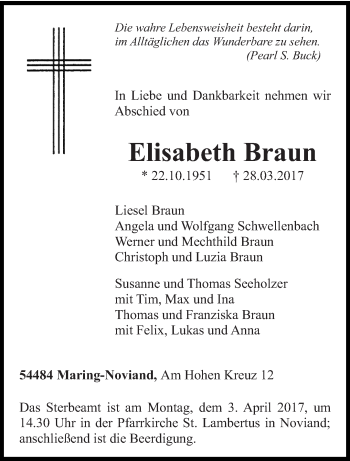 Traueranzeige von Elisabeth Braun von trierischer_volksfreund