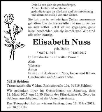 Traueranzeige von Elisabeth Nuss von trierischer_volksfreund