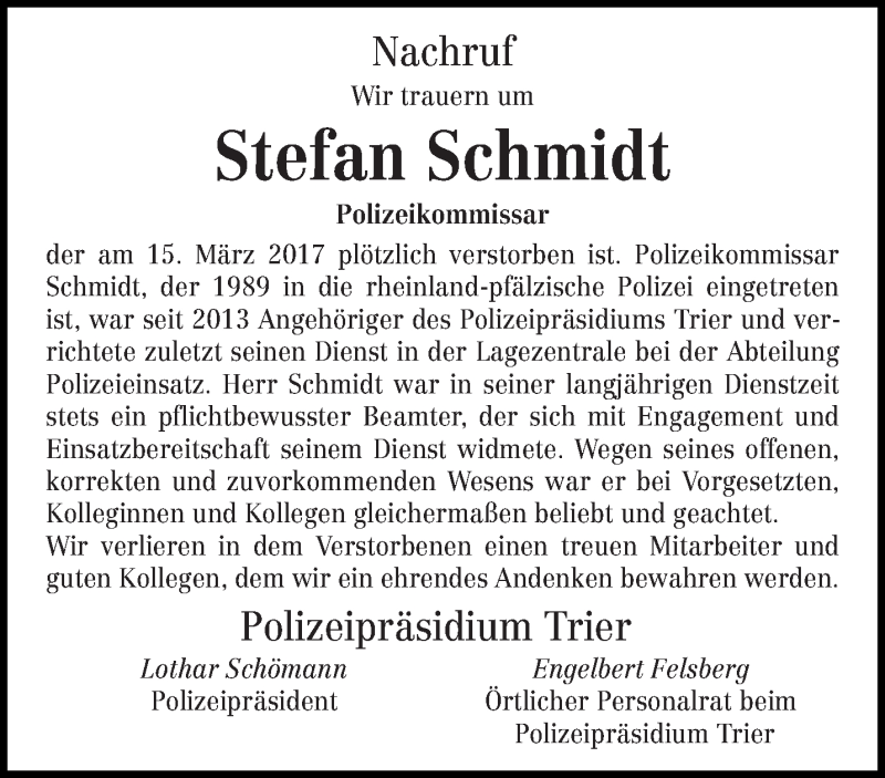  Traueranzeige für Stefan Schmidt vom 20.03.2017 aus trierischer_volksfreund