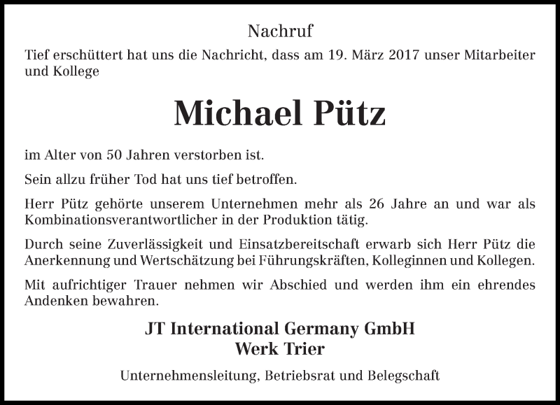  Traueranzeige für Michael Pütz vom 23.03.2017 aus trierischer_volksfreund