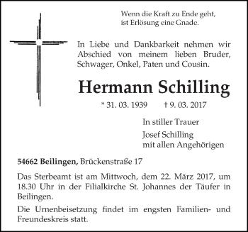 Traueranzeige von Hermann Schilling von trierischer_volksfreund