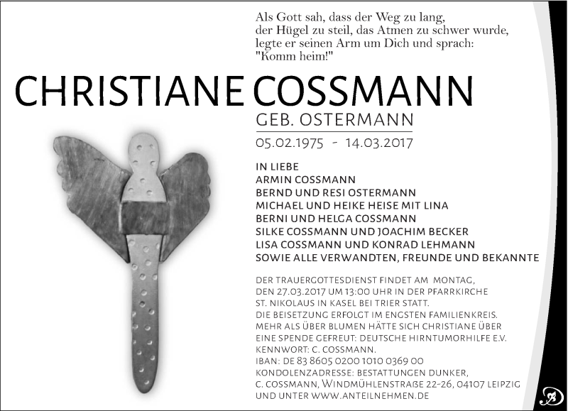  Traueranzeige für Christiane Cossmann vom 18.03.2017 aus trierischer_volksfreund