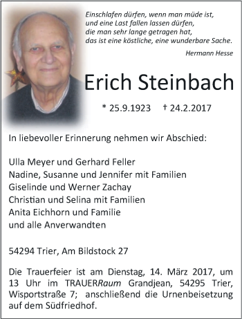 Traueranzeige von Erich Steinbach von trierischer_volksfreund