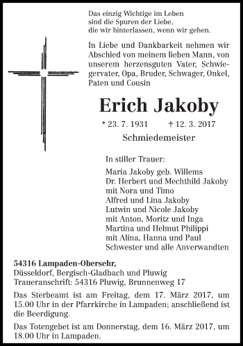 Traueranzeige von Erich Jakoby von trierischer_volksfreund