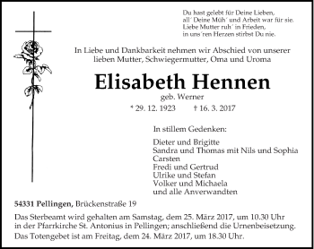 Traueranzeige von Elisabeth Hennen von trierischer_volksfreund