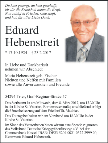 Traueranzeige von Eduard Hebenstreit von trierischer_volksfreund