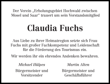 Traueranzeige von Claudia Fuchs von trierischer_volksfreund