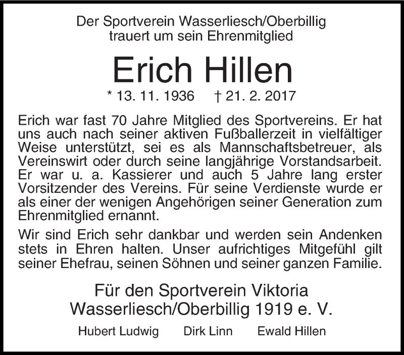  Traueranzeige für Erich Hillen vom 02.03.2017 aus trierischer_volksfreund