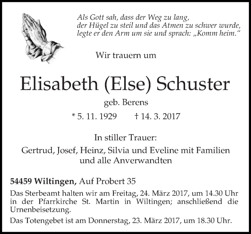 Traueranzeige für Elisabeth Schuster vom 18.03.2017 aus trierischer_volksfreund