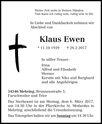 Traueranzeige von Klaus Ewen von trierischer_volksfreund