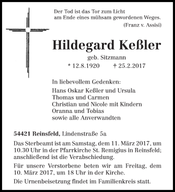 Traueranzeige von Hildegard Keßler von trierischer_volksfreund