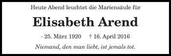 Traueranzeige von Elisabeth Arend von trierischer_volksfreund