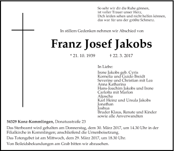 Traueranzeige von Franz Josef Jakobs von trierischer_volksfreund