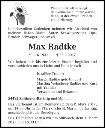 Traueranzeige von Max Radtke von trierischer_volksfreund