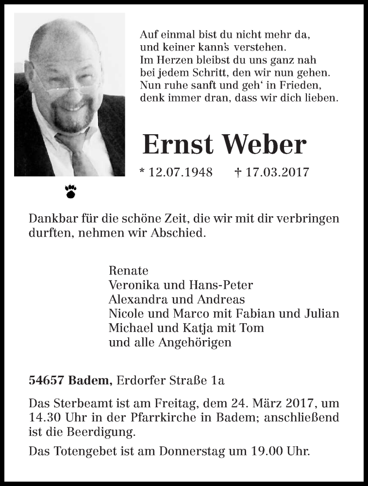  Traueranzeige für Ernst Weber vom 21.03.2017 aus trierischer_volksfreund