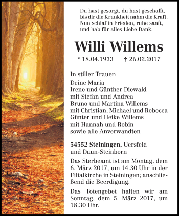 Traueranzeige von Willi Willems von trierischer_volksfreund