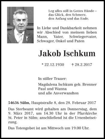 Traueranzeige von Jakob Ischkum von trierischer_volksfreund