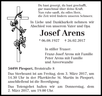 Traueranzeige von Josef Arens von trierischer_volksfreund