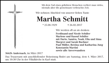 Traueranzeige von Martha Schmitt von trierischer_volksfreund