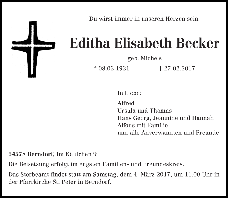  Traueranzeige für Editha Elisabeth Becker vom 03.03.2017 aus trierischer_volksfreund