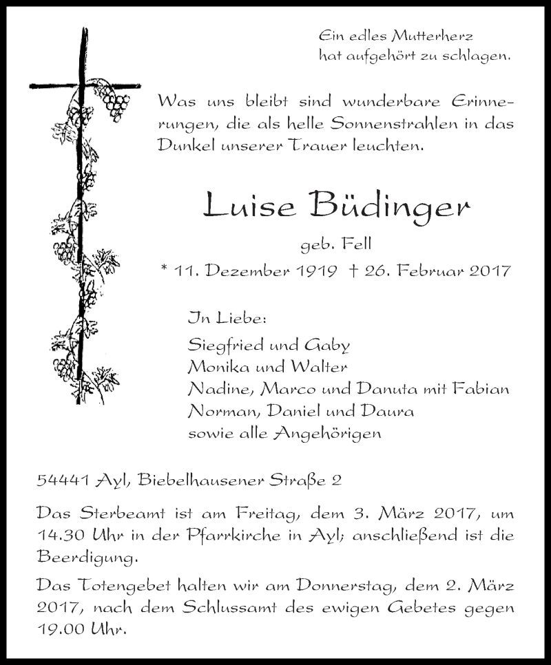  Traueranzeige für Luise Büdinger vom 01.03.2017 aus trierischer_volksfreund