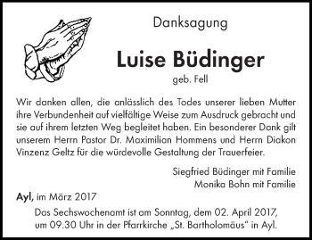 Traueranzeige von Luise Büdinger von trierischer_volksfreund