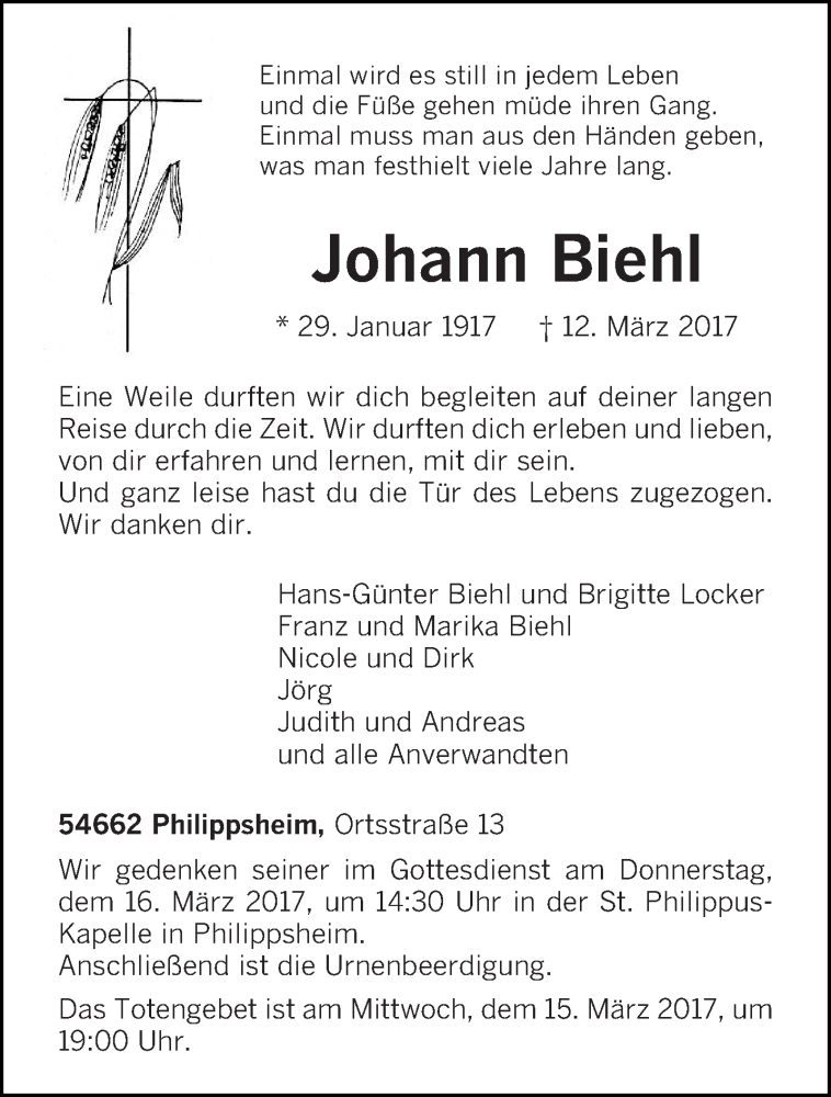  Traueranzeige für Johann Biehl vom 14.03.2017 aus trierischer_volksfreund