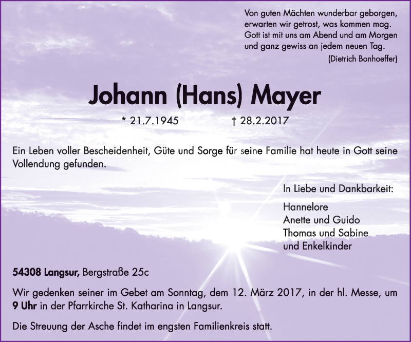  Traueranzeige für Johann Mayer vom 08.03.2017 aus trierischer_volksfreund