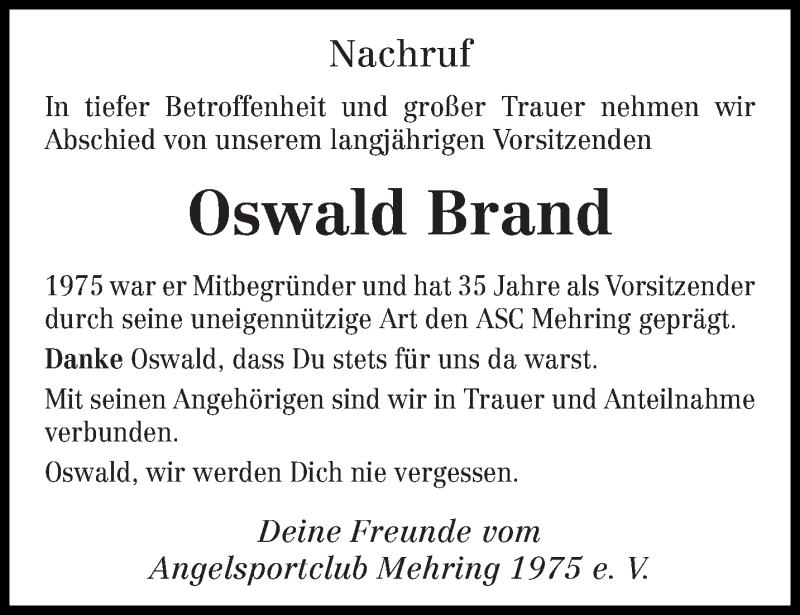  Traueranzeige für Oswald Brand vom 30.03.2017 aus trierischer_volksfreund