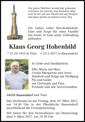Traueranzeige von Klaus Georg Hohenbild von trierischer_volksfreund