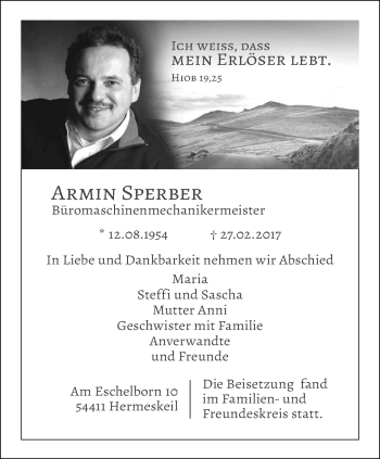 Traueranzeige von Armin Sperber von trierischer_volksfreund