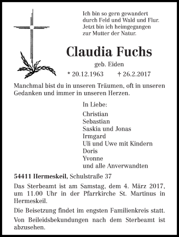 Traueranzeige von Claudia Fuchs von trierischer_volksfreund