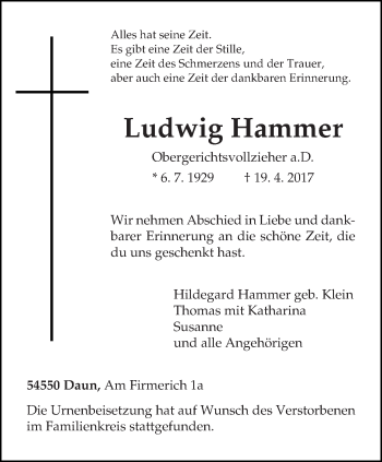 Traueranzeige von Ludwig Hammer von trierischer_volksfreund