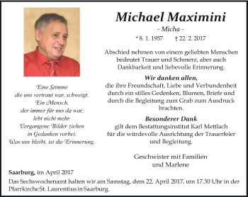 Traueranzeige von Michael Maximini von trierischer_volksfreund
