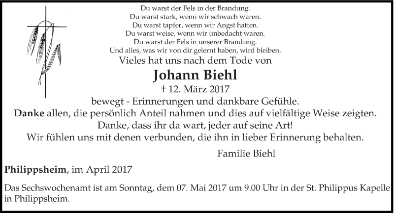  Traueranzeige für Johann Biehl vom 22.04.2017 aus trierischer_volksfreund