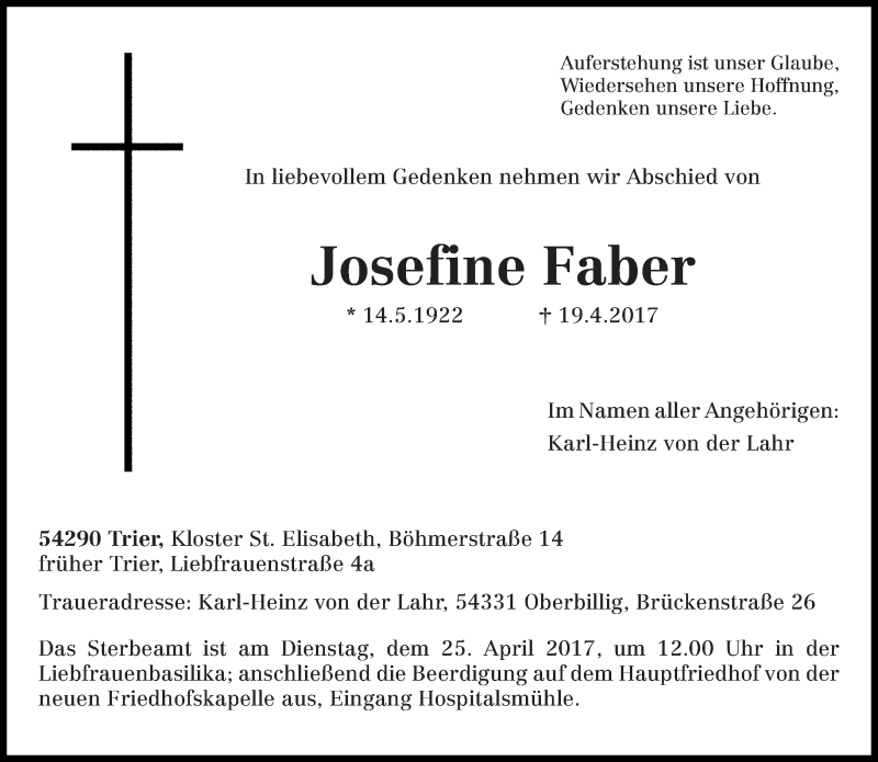  Traueranzeige für Josefine Faber vom 22.04.2017 aus trierischer_volksfreund