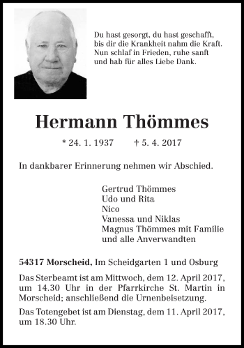 Traueranzeige von Hermann Thömmes von trierischer_volksfreund