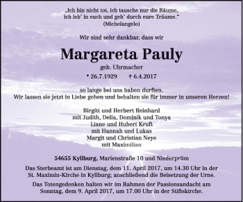 Traueranzeige von Margareta Pauly von trierischer_volksfreund