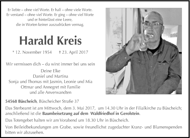  Traueranzeige für Harald Kreis vom 27.04.2017 aus trierischer_volksfreund