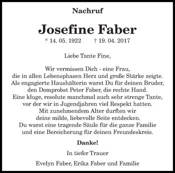 Traueranzeige von Josefine Faber von trierischer_volksfreund