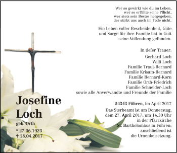 Traueranzeige von Josefine Loch von trierischer_volksfreund