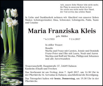 Traueranzeige von Maria Franziska Kleis von trierischer_volksfreund