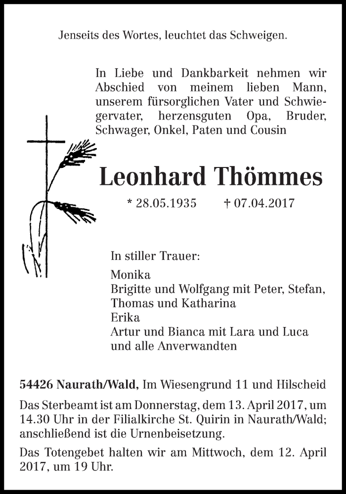  Traueranzeige für Leonhard Thömmes vom 10.04.2017 aus trierischer_volksfreund