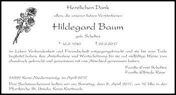 Traueranzeige von Hildegard Baum von trierischer_volksfreund
