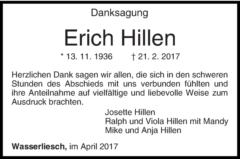  Traueranzeige für Erich Hillen vom 15.04.2017 aus trierischer_volksfreund