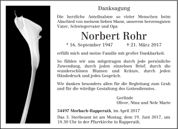 Traueranzeige von Norbert Rohr von trierischer_volksfreund