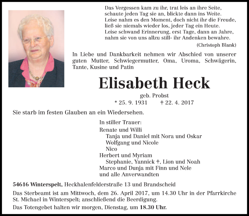  Traueranzeige für Elisabeth Heck vom 24.04.2017 aus trierischer_volksfreund