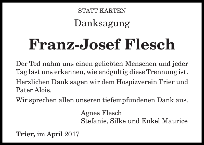 Traueranzeige für Franz-Josef Flesch vom 15.04.2017 aus trierischer_volksfreund