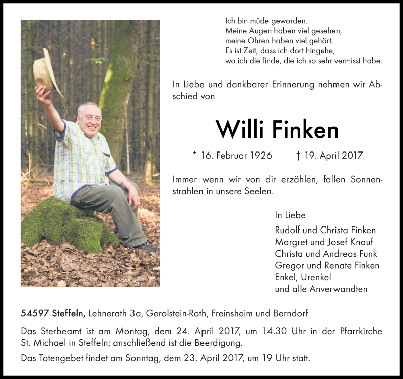  Traueranzeige für Willi Finken vom 21.04.2017 aus trierischer_volksfreund