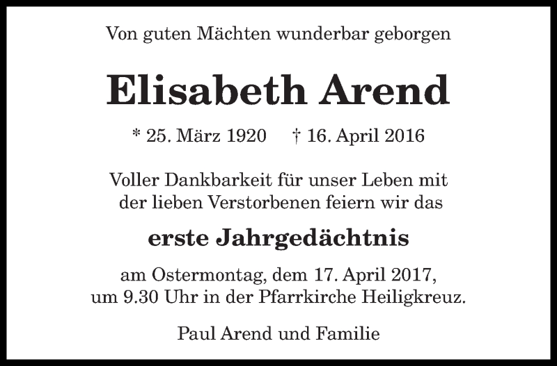 Traueranzeige für Elisabeth Arend vom 08.04.2017 aus trierischer_volksfreund